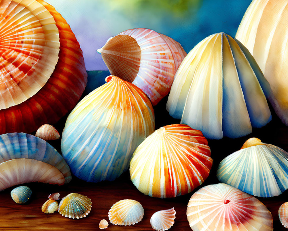 Vibrant seashell painting on wooden surface with intricate patterns.