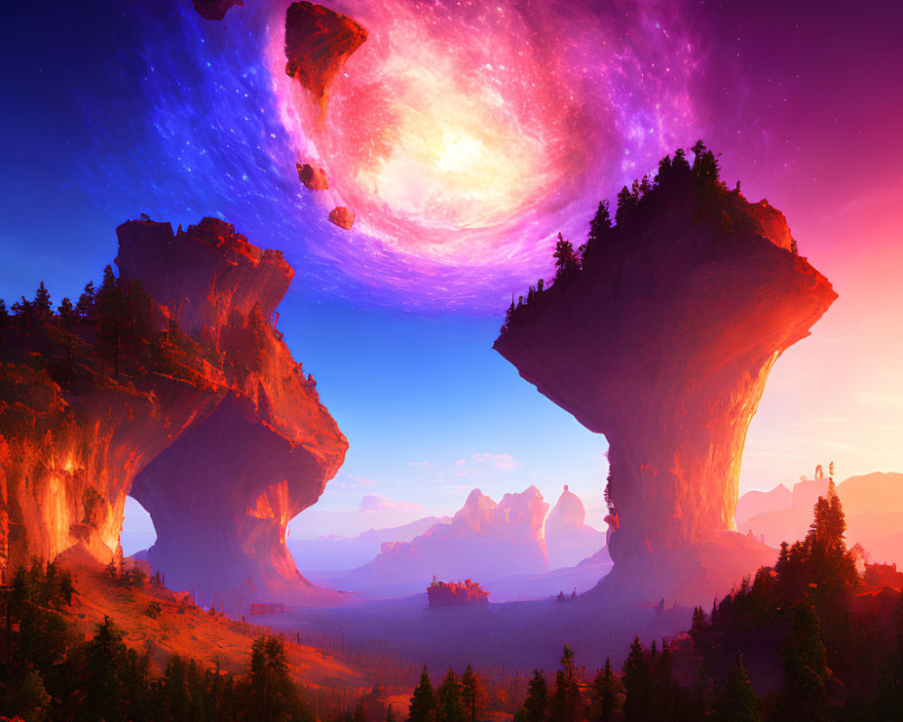 Fantastical landscape with floating rocks, castle, and purple galaxy sky