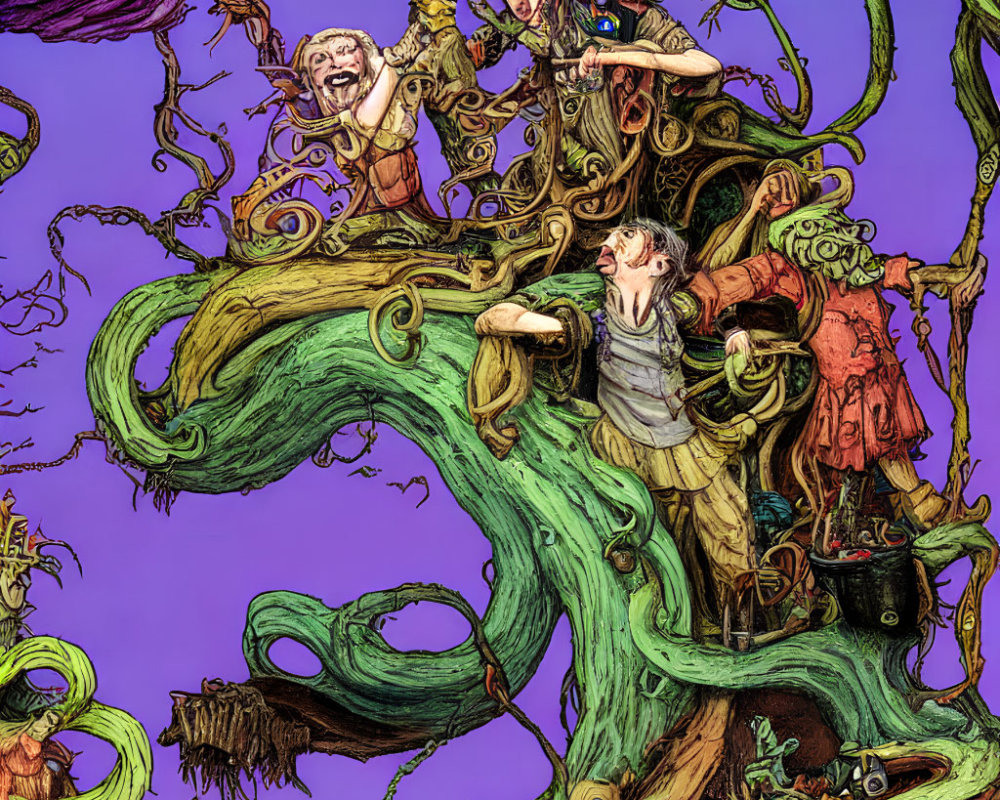 Colorful illustration: whimsical characters in tangled tree branches under purple sky