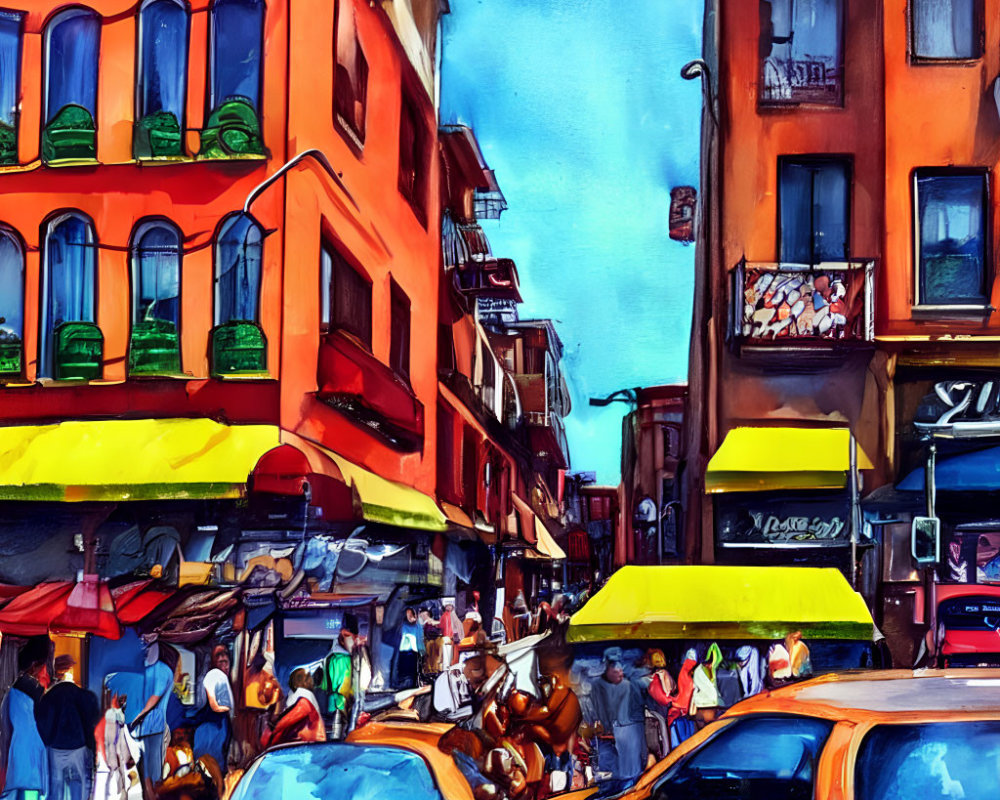 Colorful street painting depicts city life with pedestrians and yellow cabs under blue sky