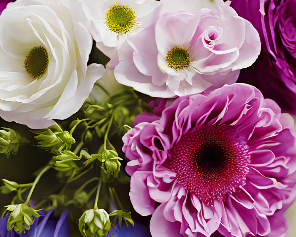 Colorful bouquet of white, pink, and purple flowers with greenery