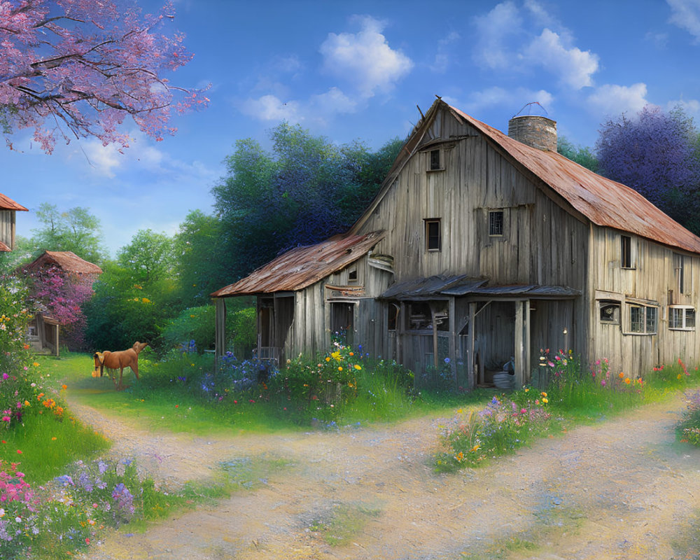 Rustic wooden houses and horse in flower-filled landscape