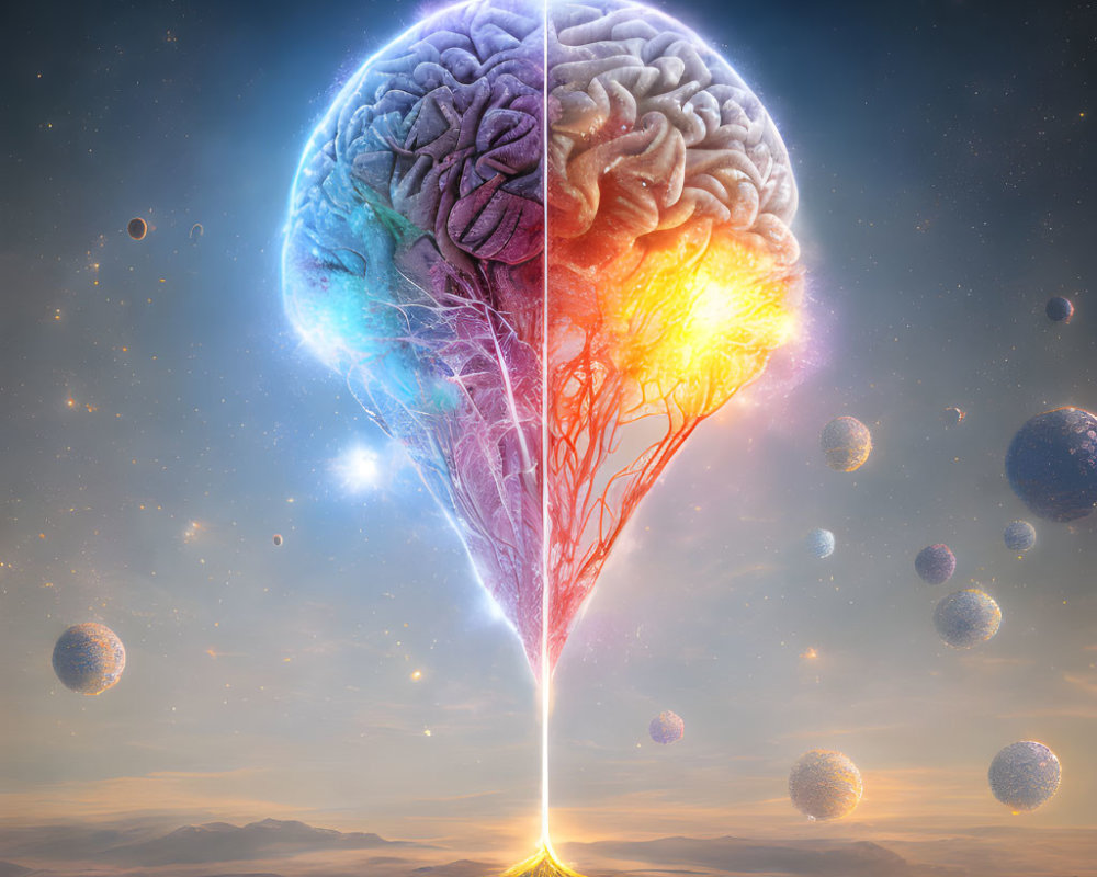 Surreal brain split into cool and warm sides with cosmic backdrop