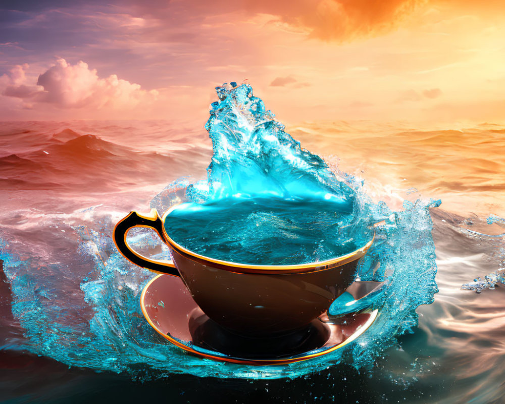 Surreal brown cup and saucer on ocean waters with blue liquid splash at sunset