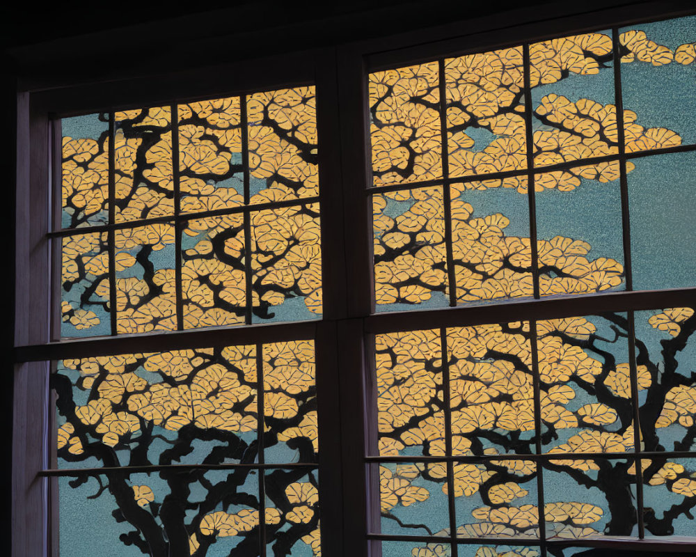 Yellow and Black Tree Pattern Stained Glass Window with Blue Background
