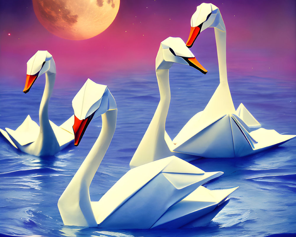 Swan Origami on Water with Purple Sky and Large Moon