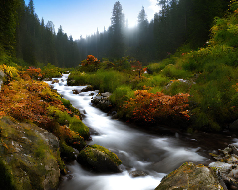 Tranquil forest stream in autumn with sunbeams and mist