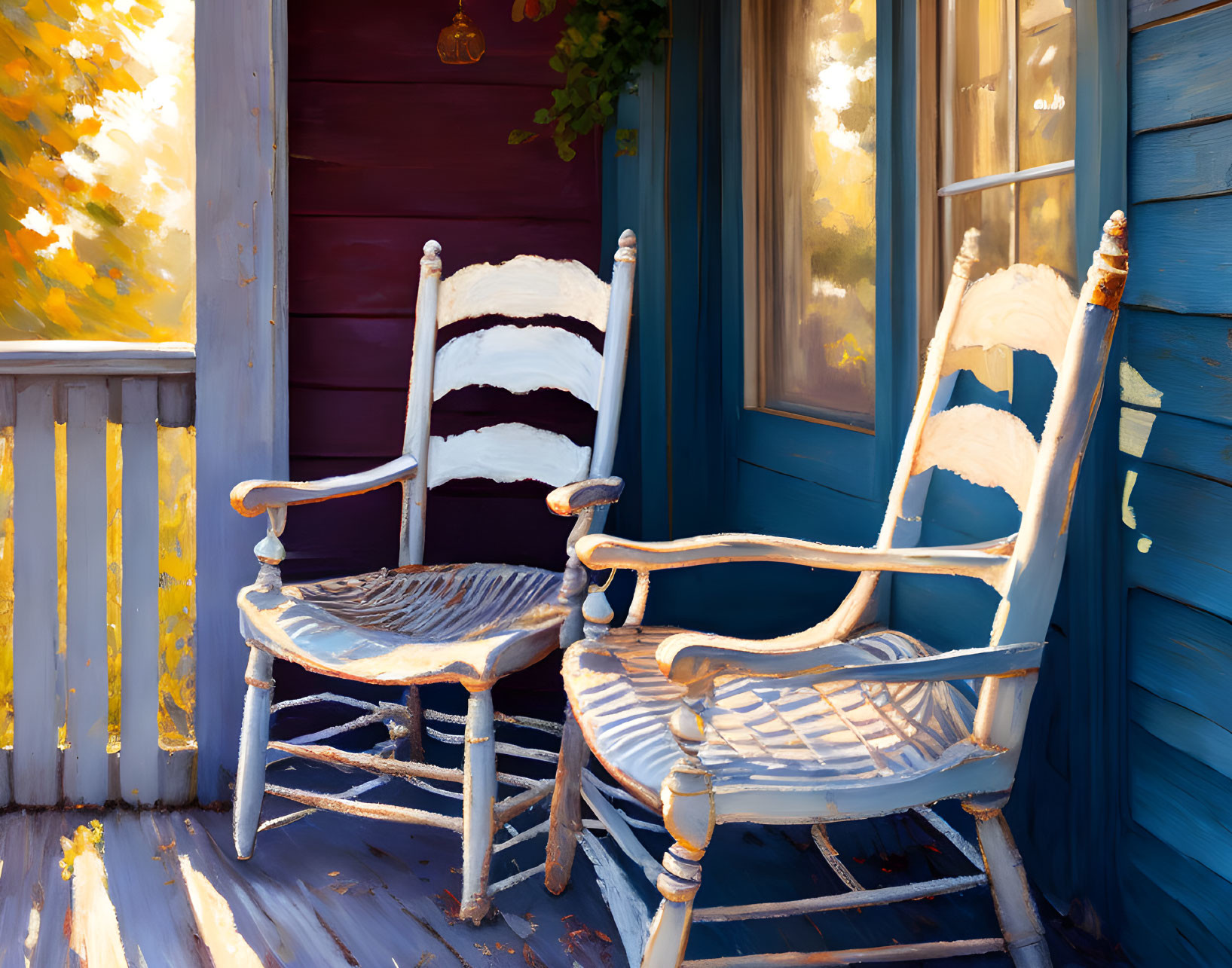 Rustic wooden rocking chairs on sunny porch near blue wall and window