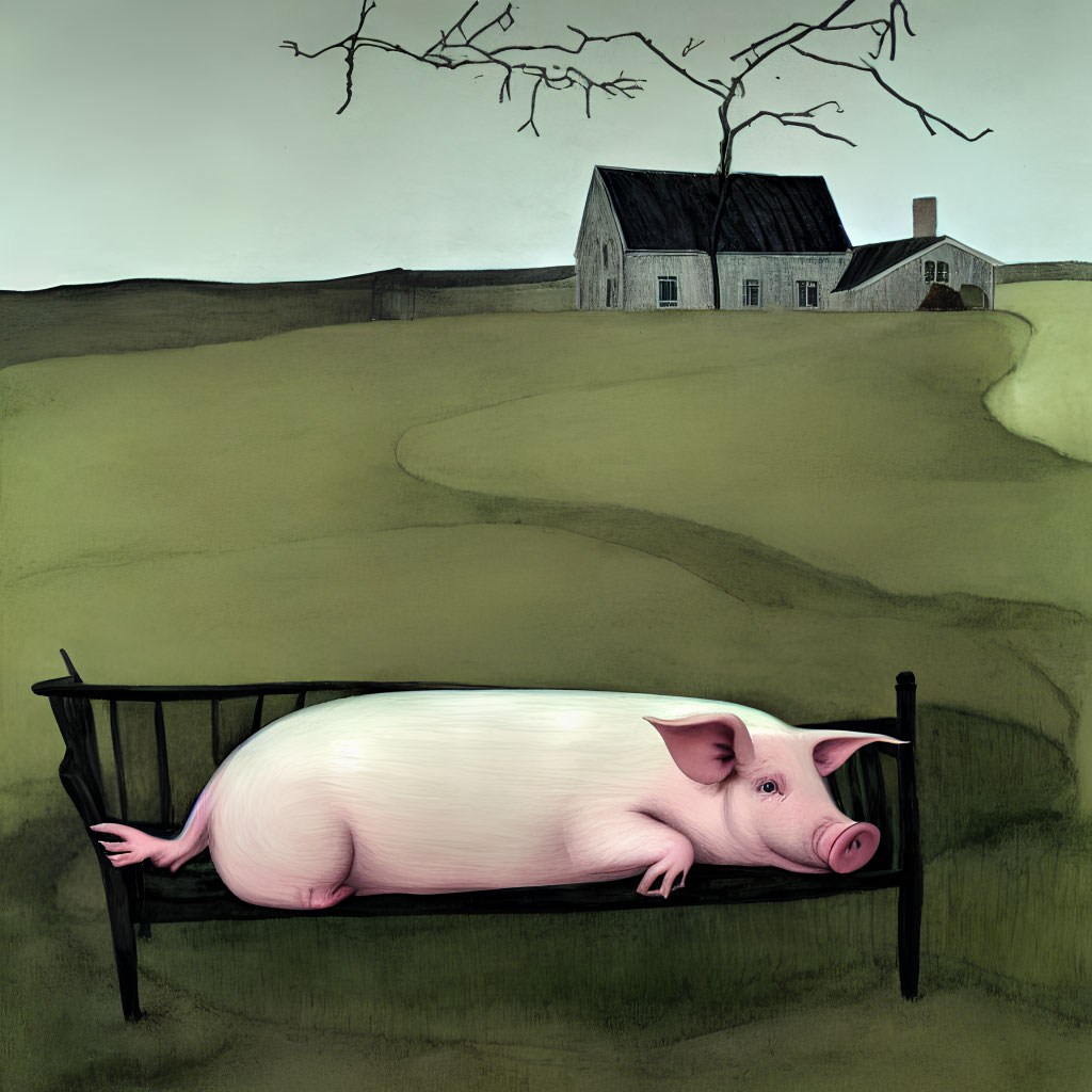 Illustrated pig on bench in surreal rural landscape with winding path and farmhouse under somber sky