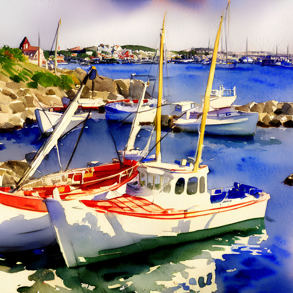 Colorful watercolor painting of boats at rocky dock with coastal scenery.