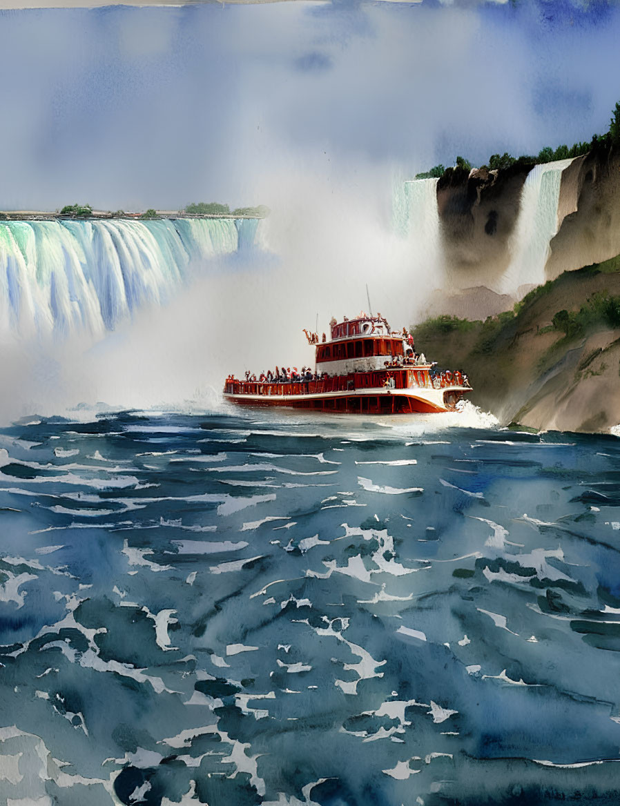 Tour boat with passengers near massive waterfall in choppy waters