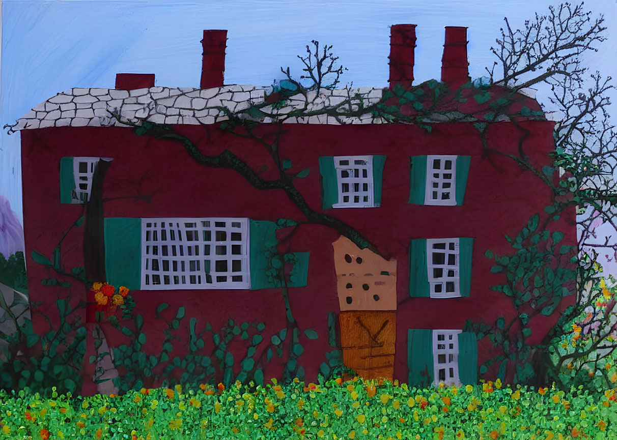 Vibrant mosaic of a red house in a scenic setting