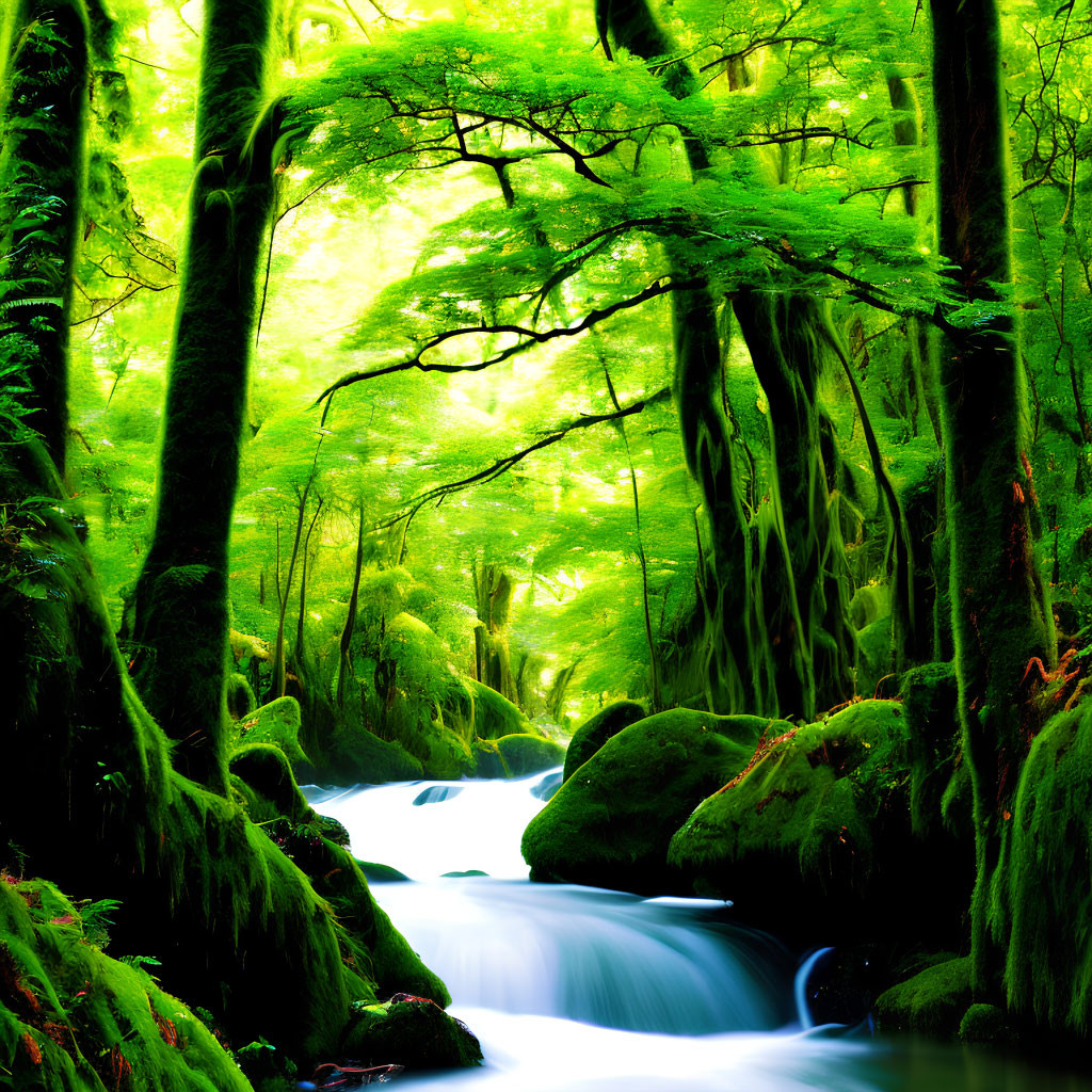 Vibrant green forest with moss-covered trees and flowing stream