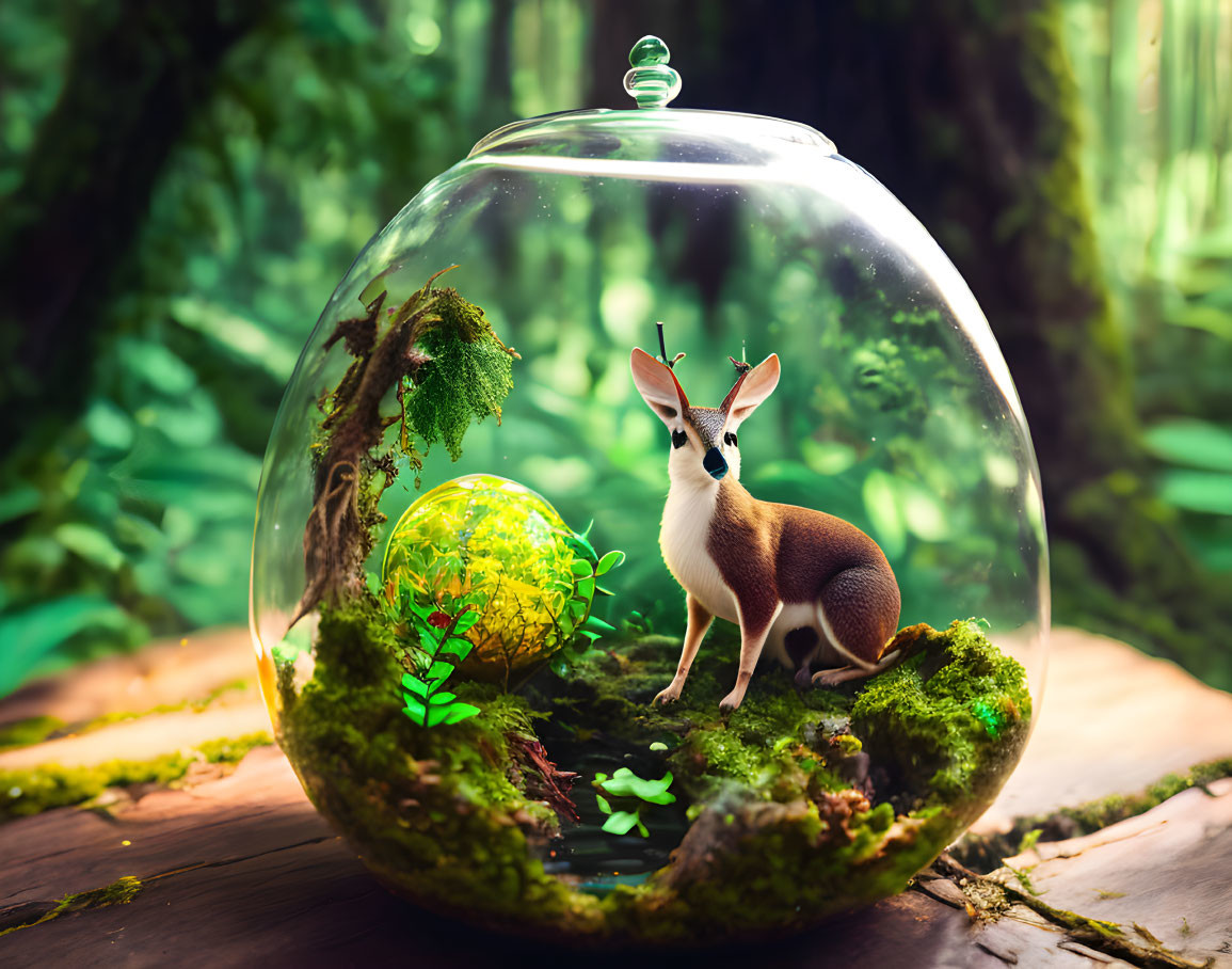 Miniature deer-like creature with antlers in transparent globe terrarium in enchanted forest scene