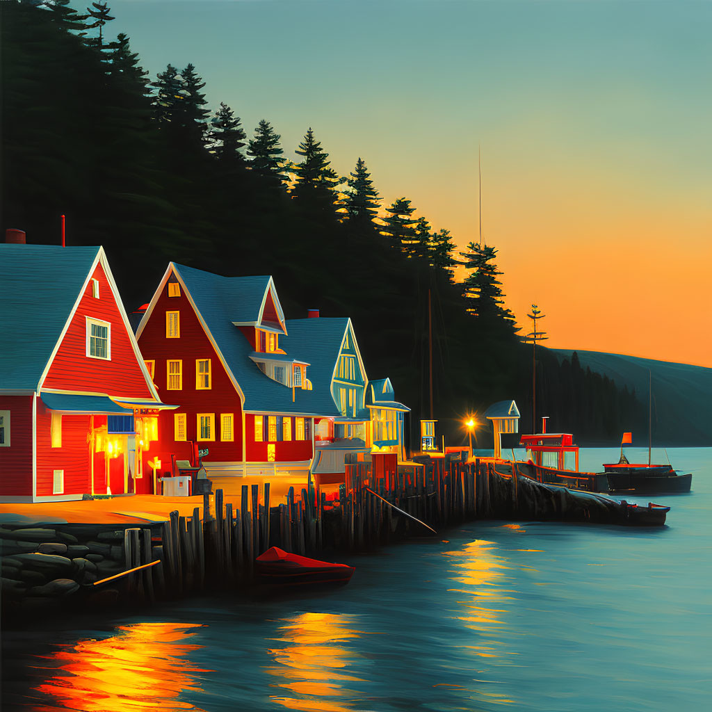 Seaside houses with glowing lights on pier at sunset, boat moored, forested hill.