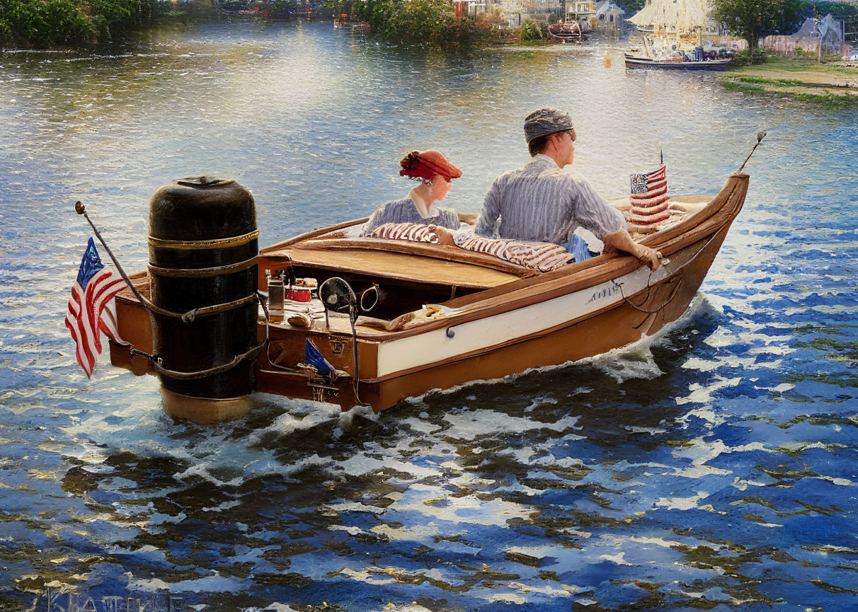 Vintage wooden boat with American flag: Man and woman in retro attire cruising on sunlit water