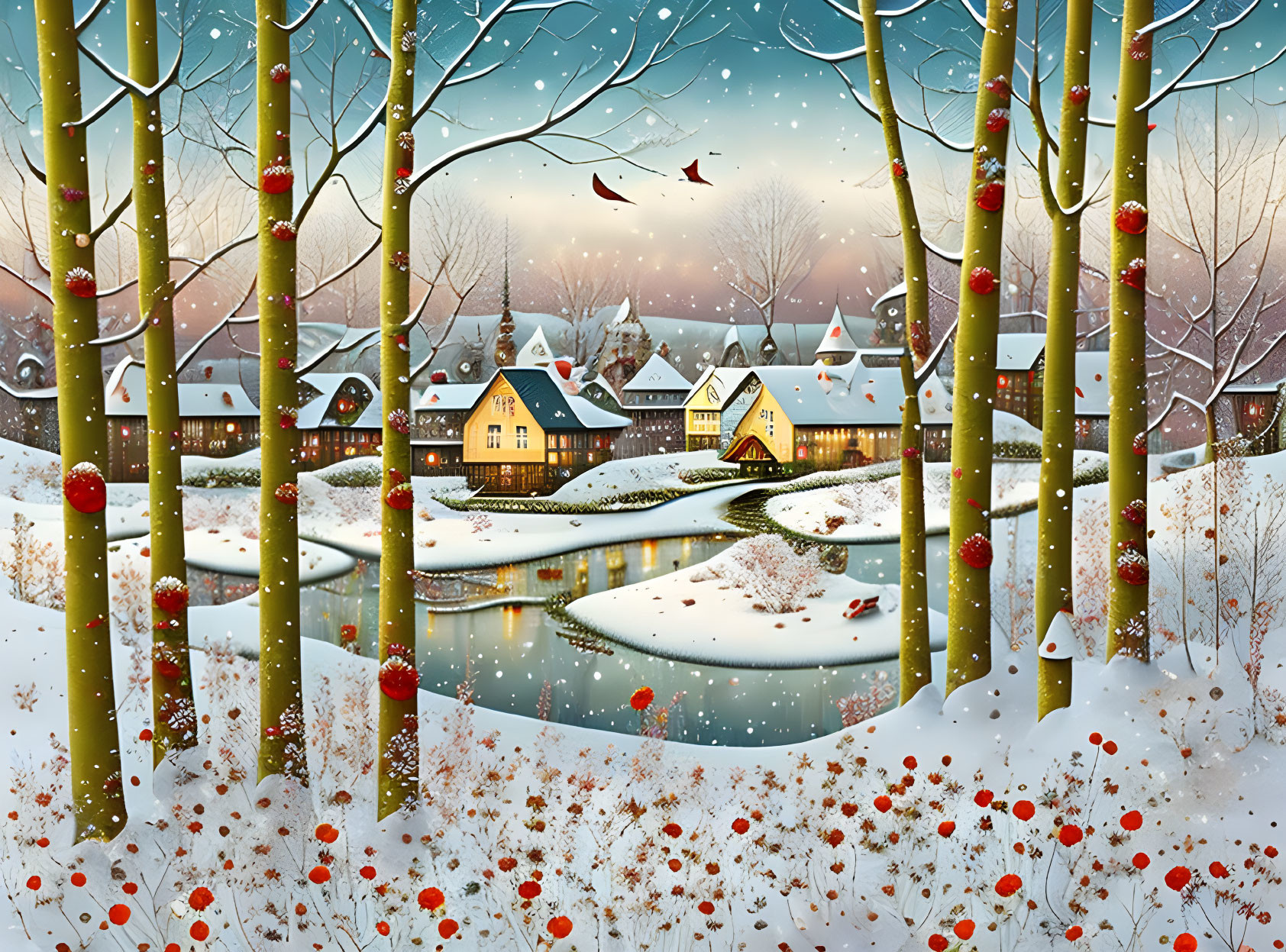 Snow-covered trees, river, berries, and birds in twilight winter scene