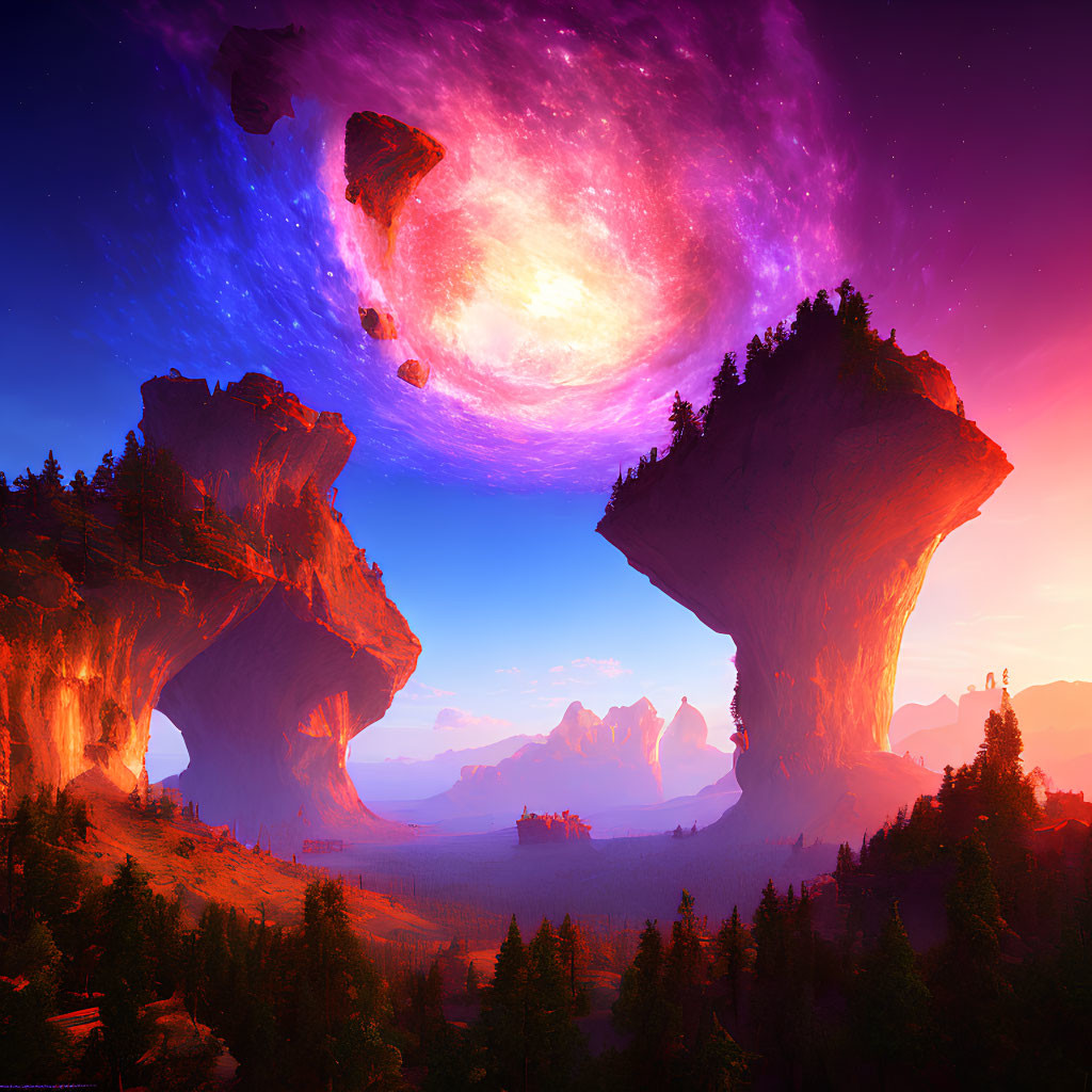 Fantastical landscape with floating rocks, castle, and purple galaxy sky