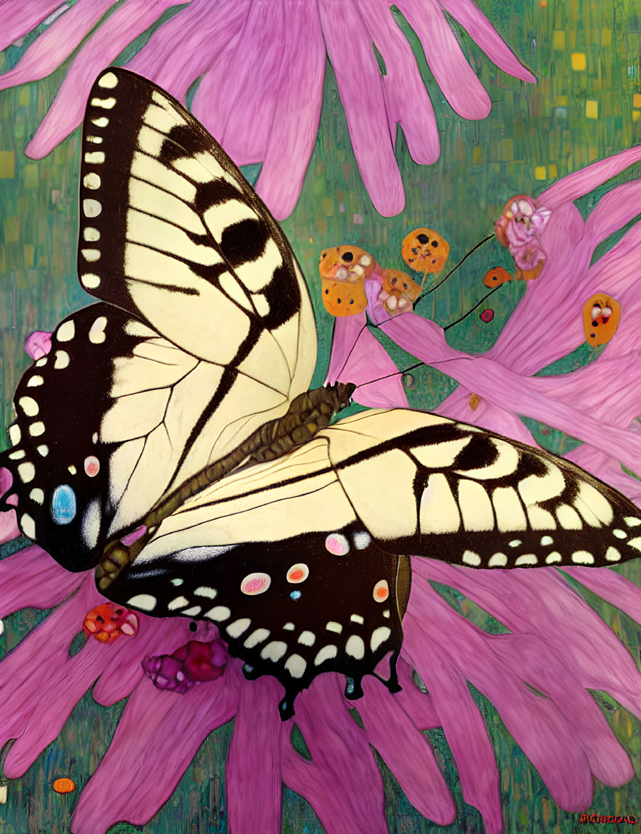 Colorful Butterfly Resting on Pink Petals with Ladybugs and Flowers