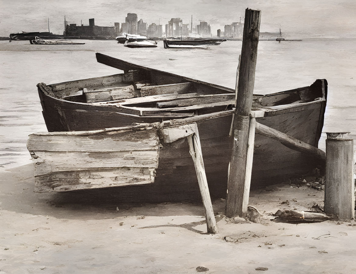Weathered wooden rowboat on sandy shore with city skyline and boats against overcast sky