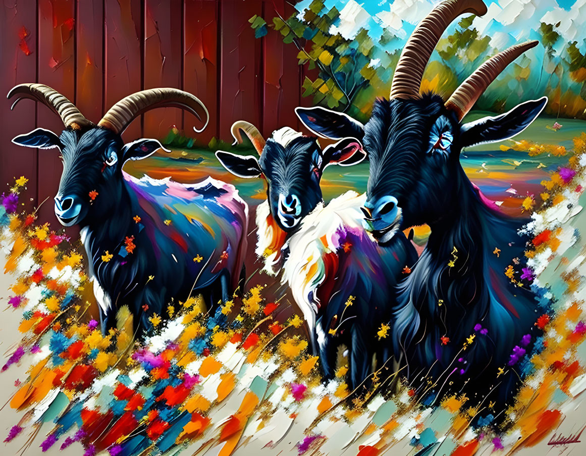 Vibrantly painted goats with horns in colorful floral setting