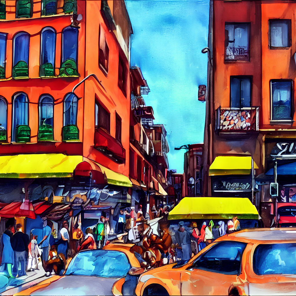 Colorful street painting depicts city life with pedestrians and yellow cabs under blue sky