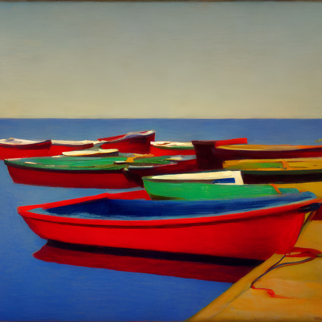 Vibrant boats on calm blue sea under clear sky with red, green, and white hues on