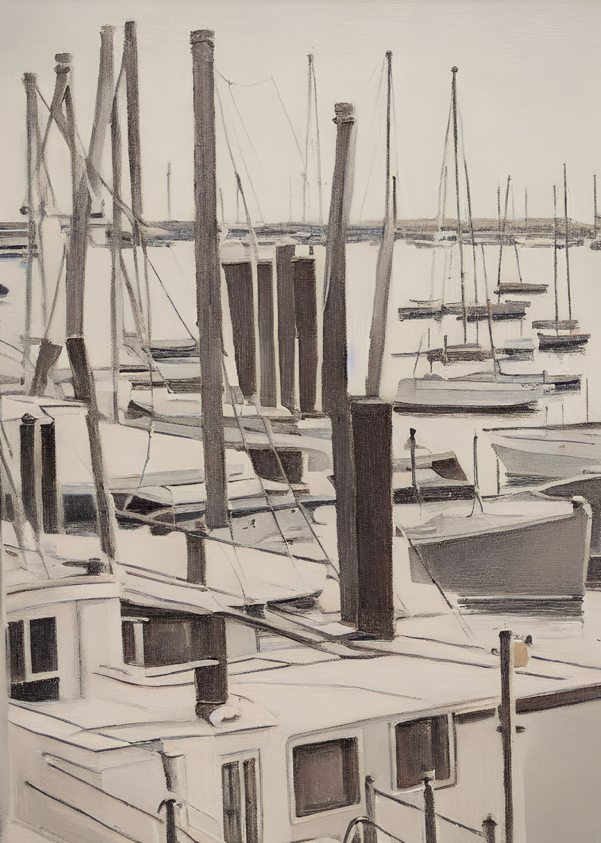 Monochromatic painting of sailboats in tranquil marina