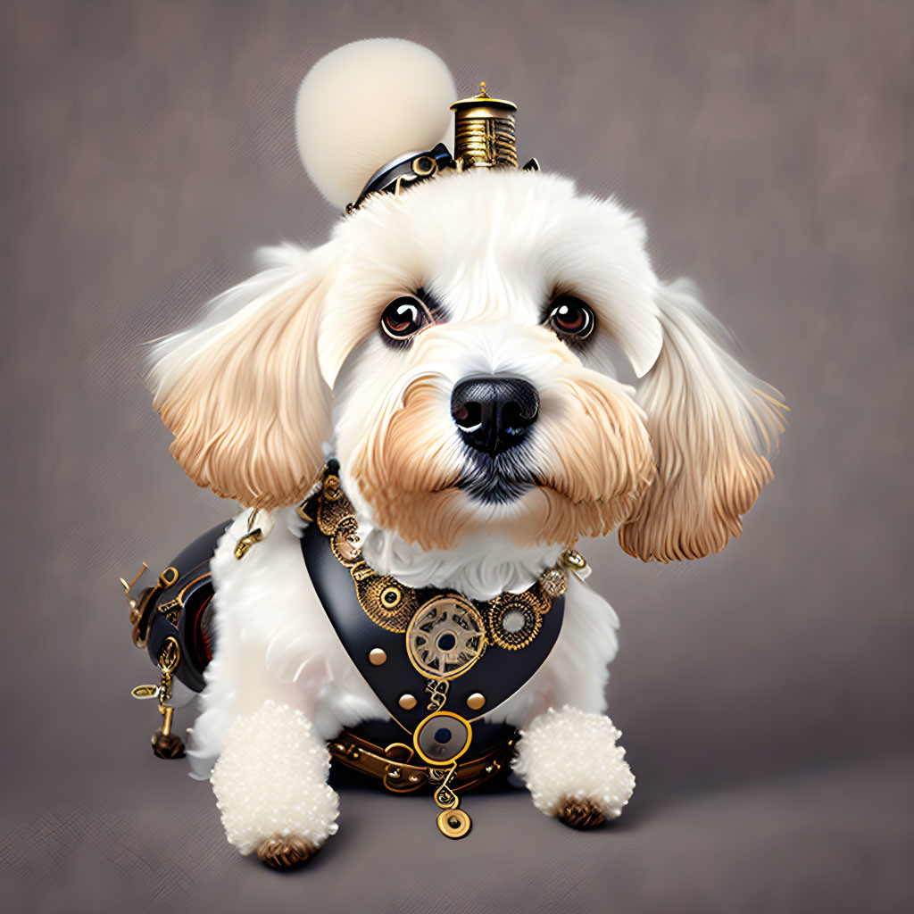 Steampunk-themed digital artwork of a dog with gears and top hat