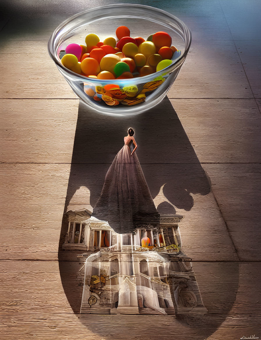 Surreal image of woman casting long shadow in cityscape with colorful balls