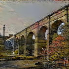 Colorful painting: Train on stone bridge over river with trees & statue in background