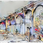 Vibrant illustration of grand bridge over river with historic buildings