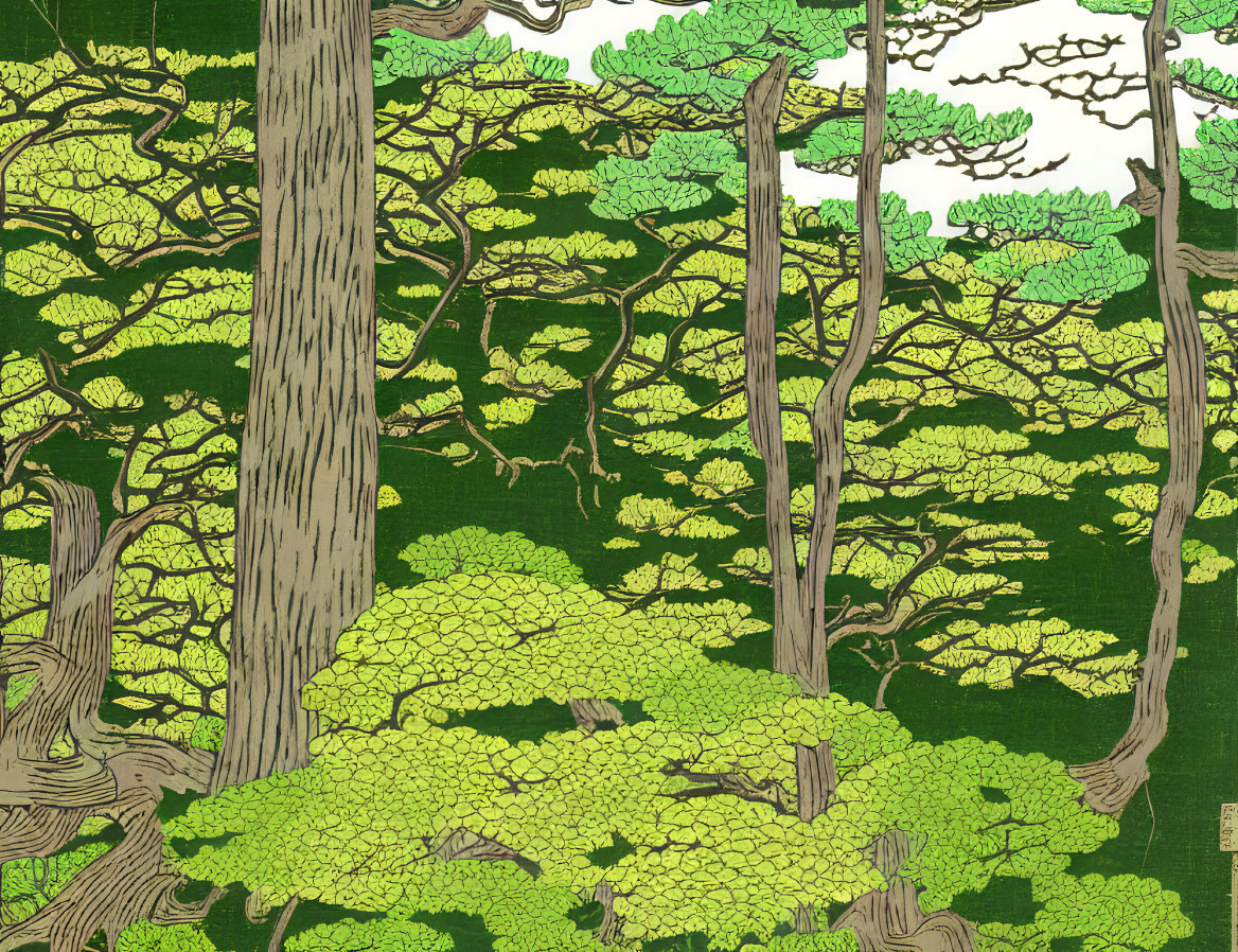 Stylized forest with intricate green canopies and detailed trunks