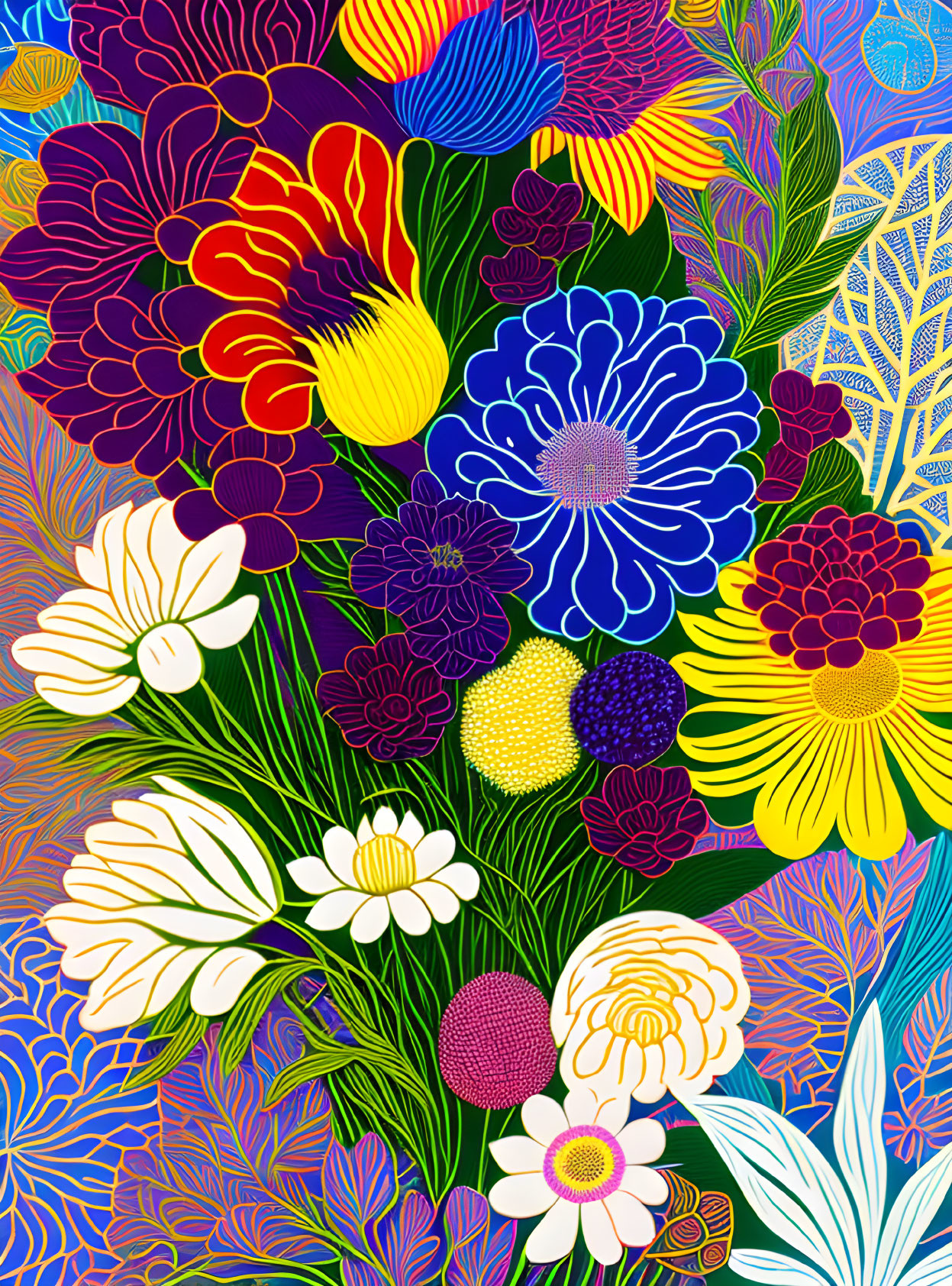 Vibrant floral illustration with intricate patterns on purple background