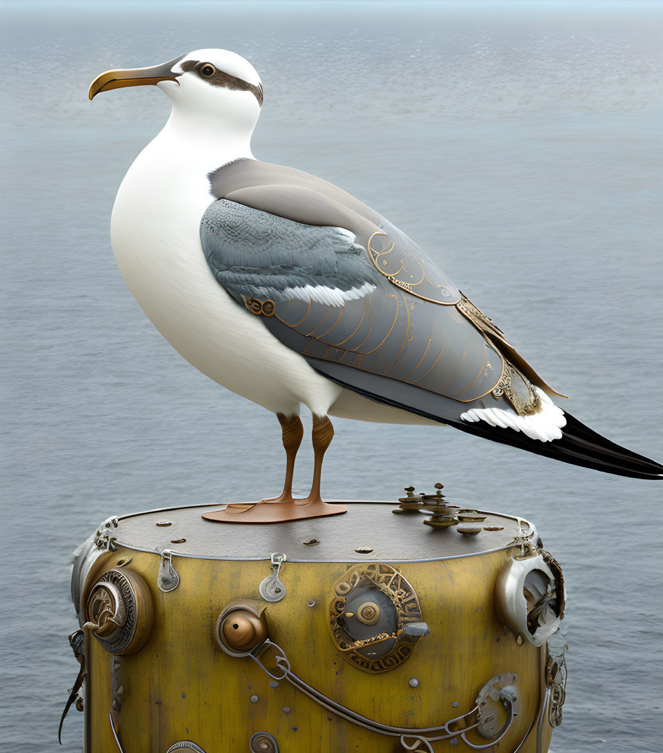 Digital image of mechanical seagull on ornate drum cylinder in calm sea
