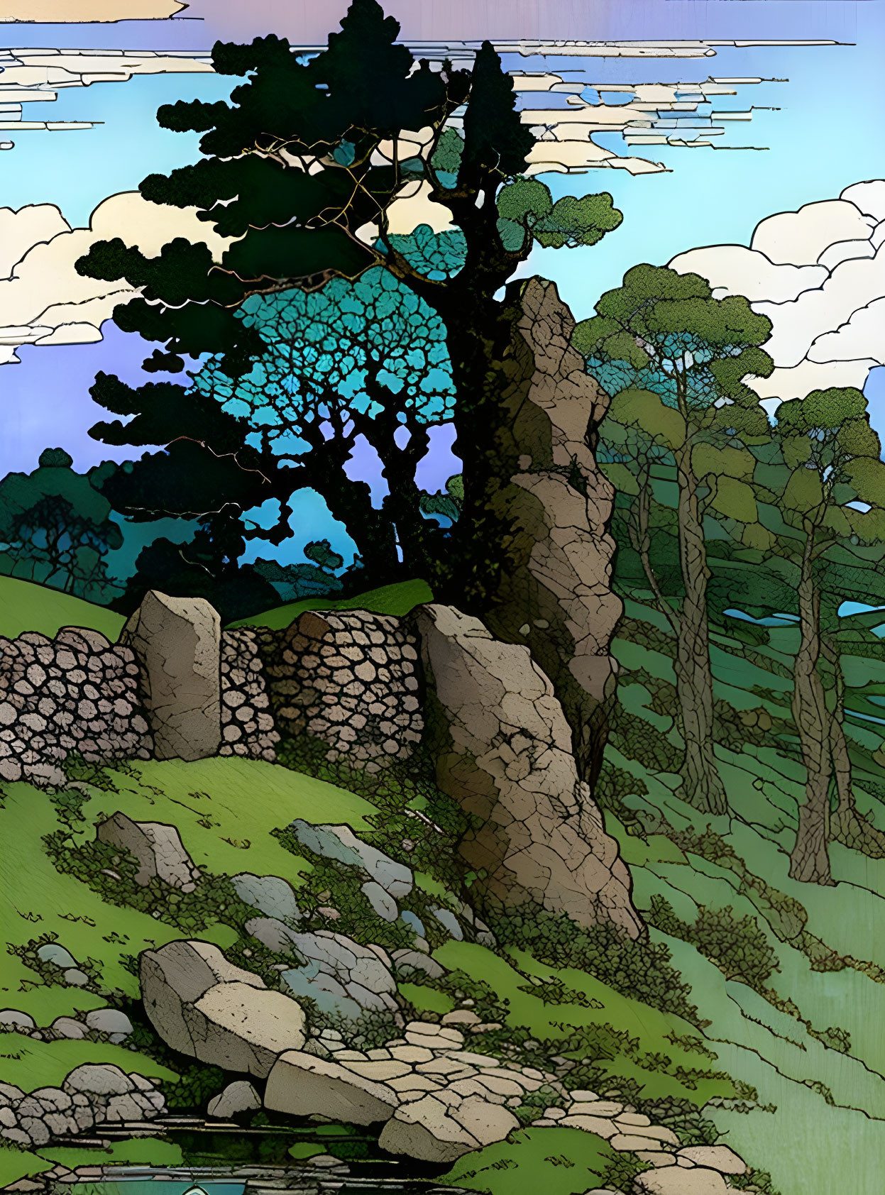 Trees and Stone Wall