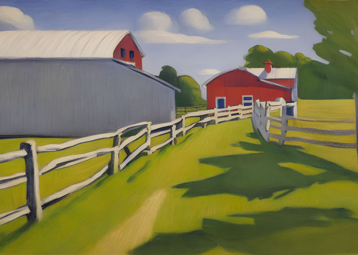 Rural painting featuring red barn, silver silo, green fields