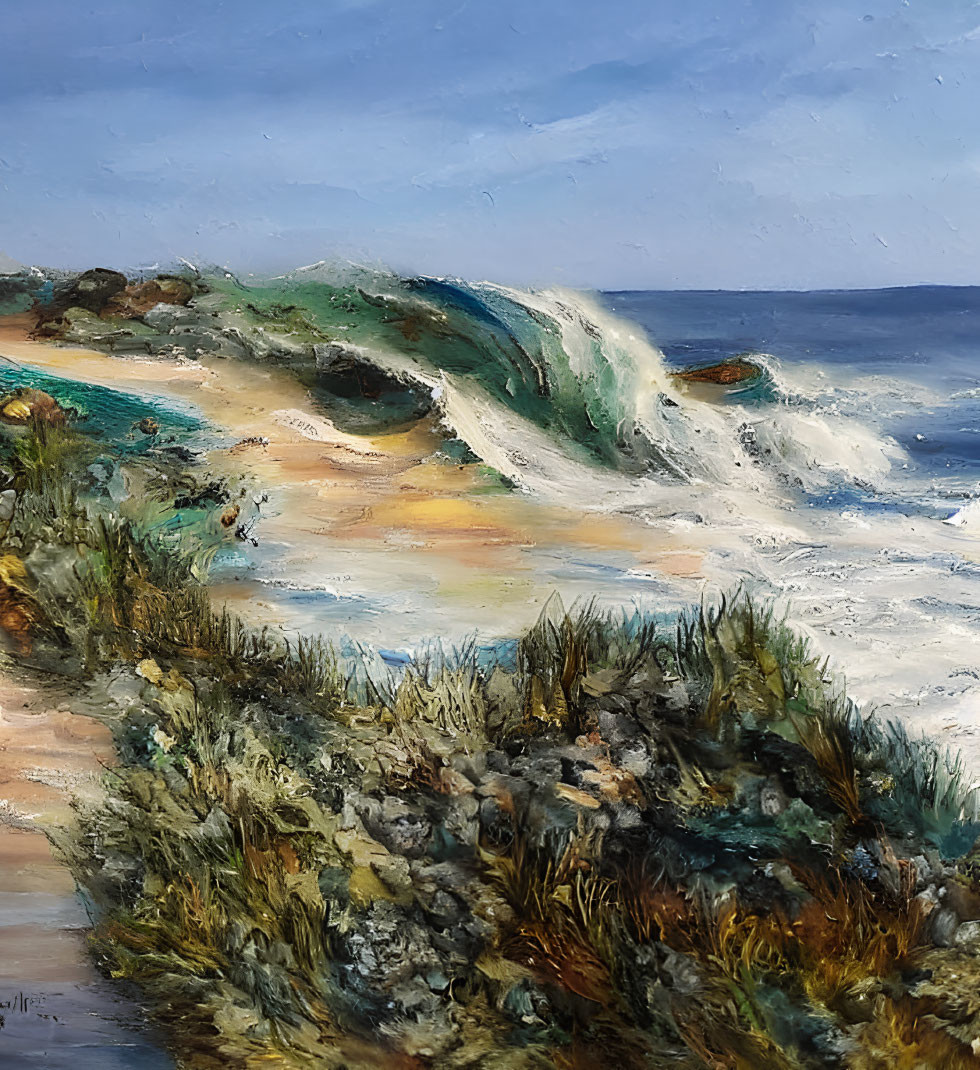 Coastal Scene Oil Painting with Crashing Wave and Dune Vegetation