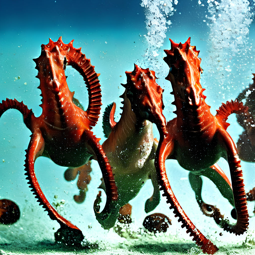 Vibrant underwater scene: Three red seahorses and bubbles on blue backdrop