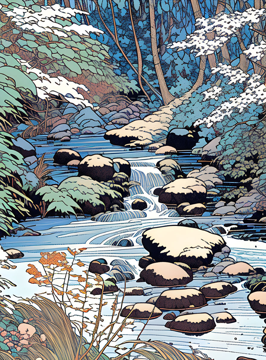 Serene forest stream illustration with snow-covered trees