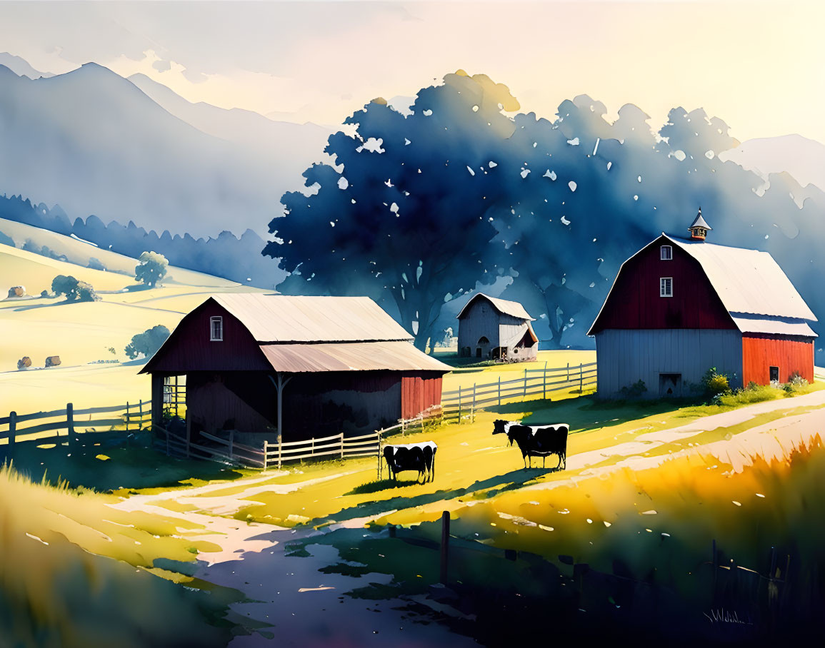 Watercolor, Pastoral Farm Scene