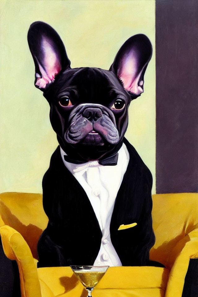 French Bulldog in Tuxedo with Martini Glass on Yellow Chair