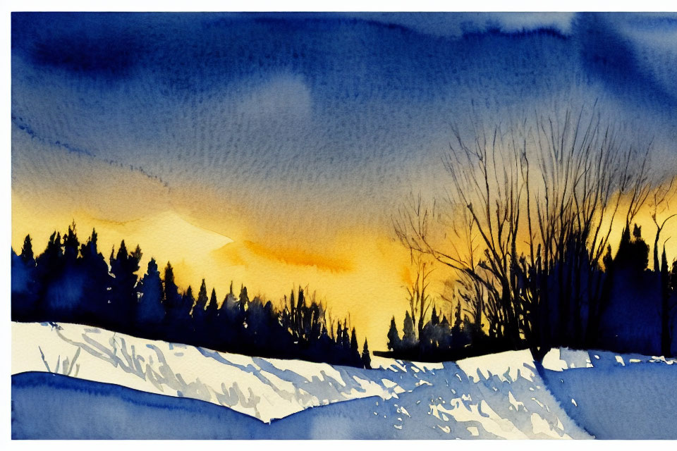 Watercolor landscape of sunset with silhouetted trees and snowy foreground
