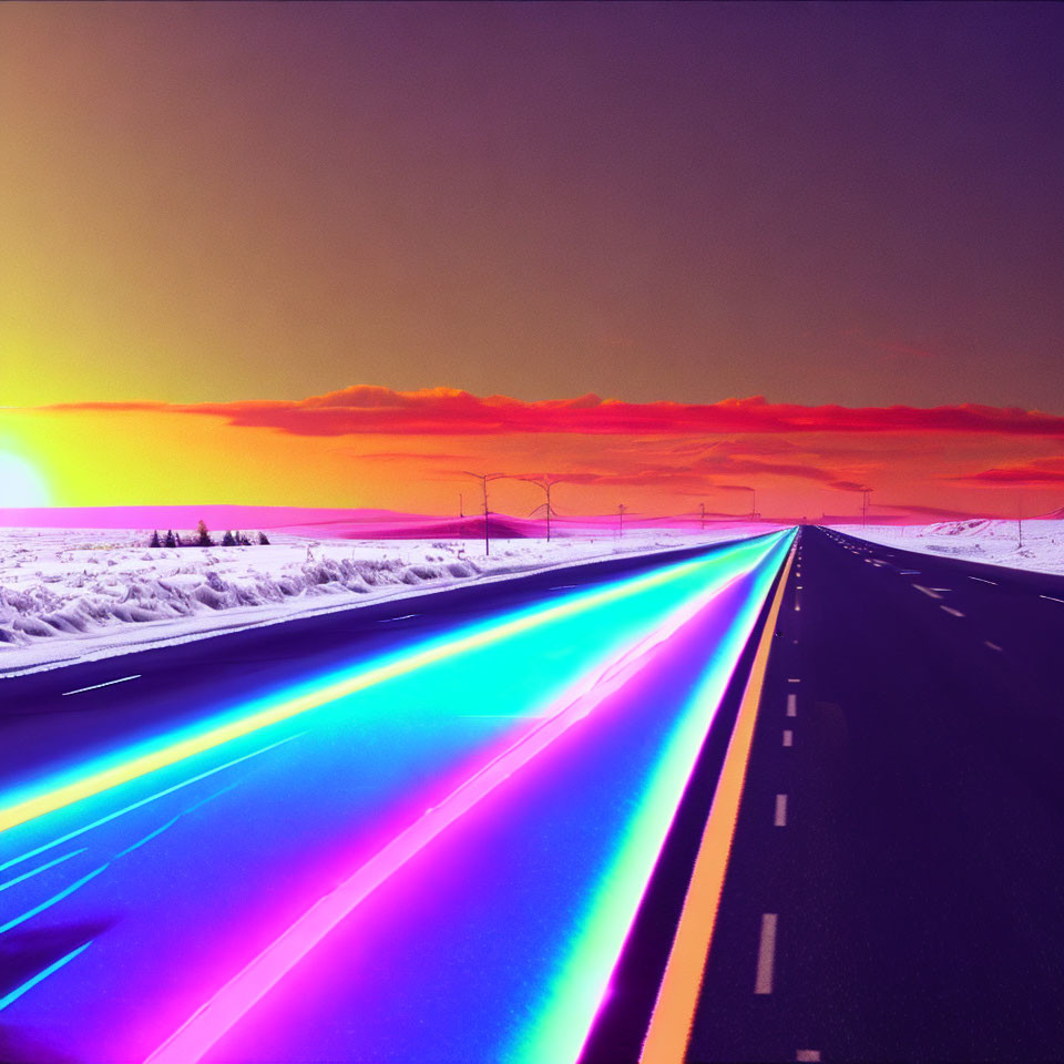 Colorful Light Trails on Highway Under Heat Signature Sky
