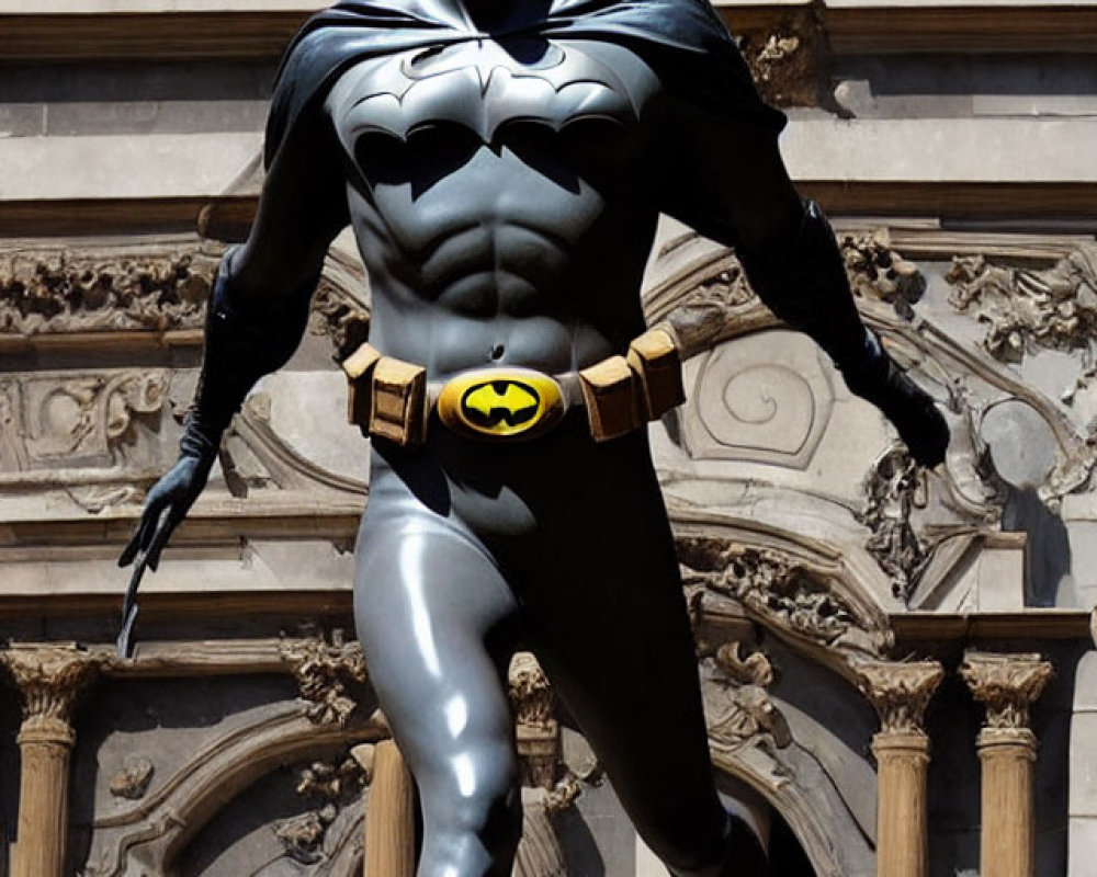Detailed Batman costume with classic logo, person standing confidently in front of intricate architecture.