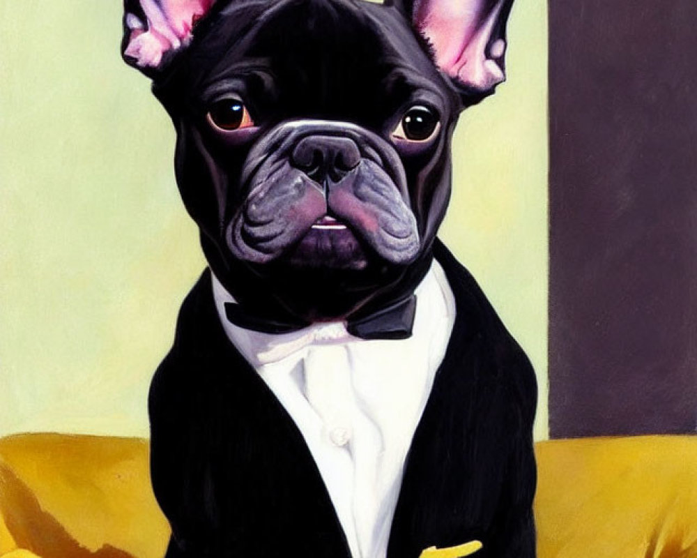 French Bulldog in Tuxedo with Martini Glass on Yellow Chair