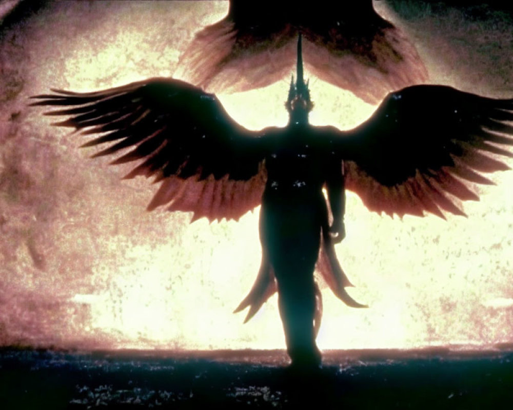 Silhouette of winged figure on luminous background