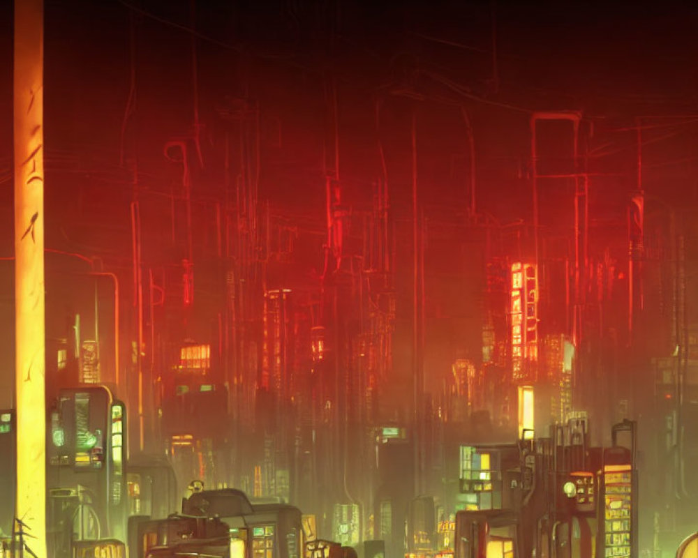 Dystopian cityscape with red and yellow glow and tall buildings