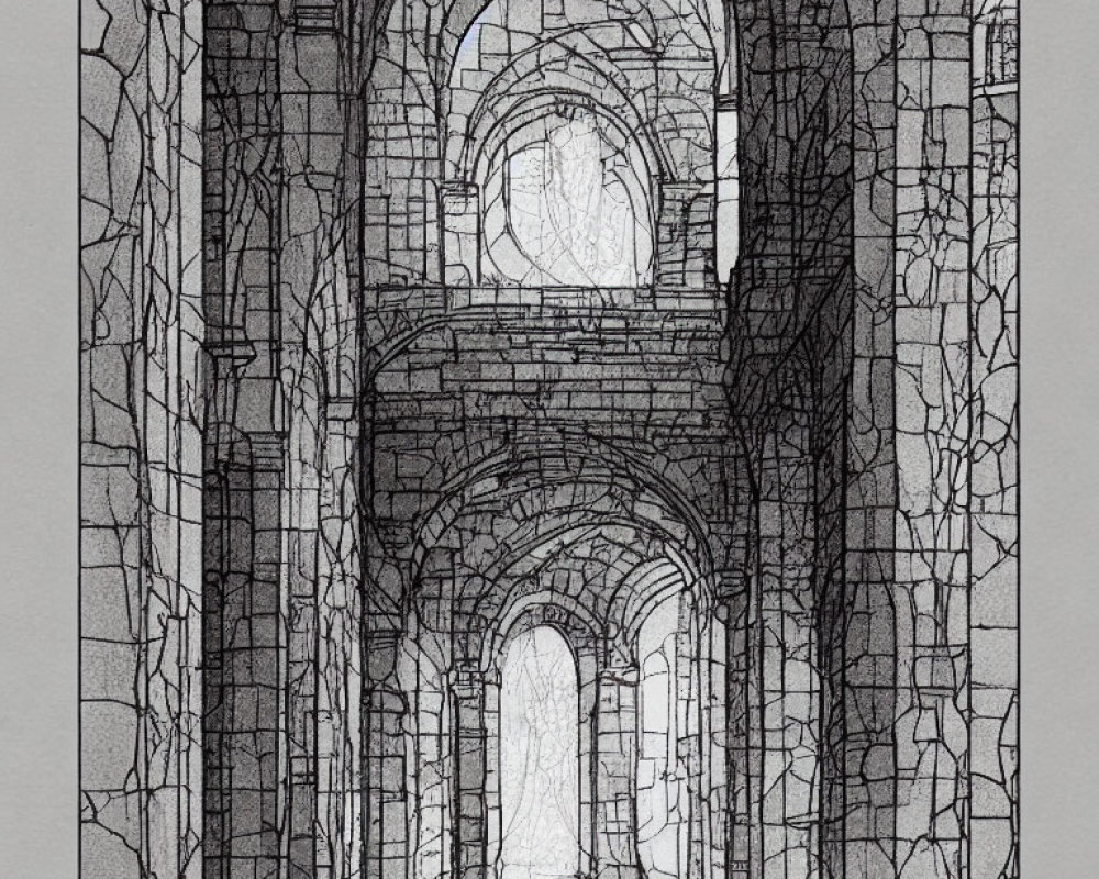 Monochrome sketch of grand, deteriorating interior with arches and detailed stonework.