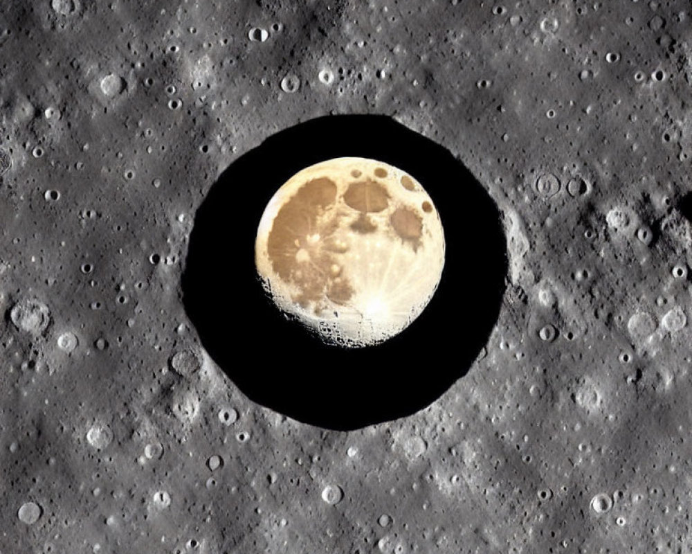 Full Moon Superimposed on Gray Cratered Lunar Surface